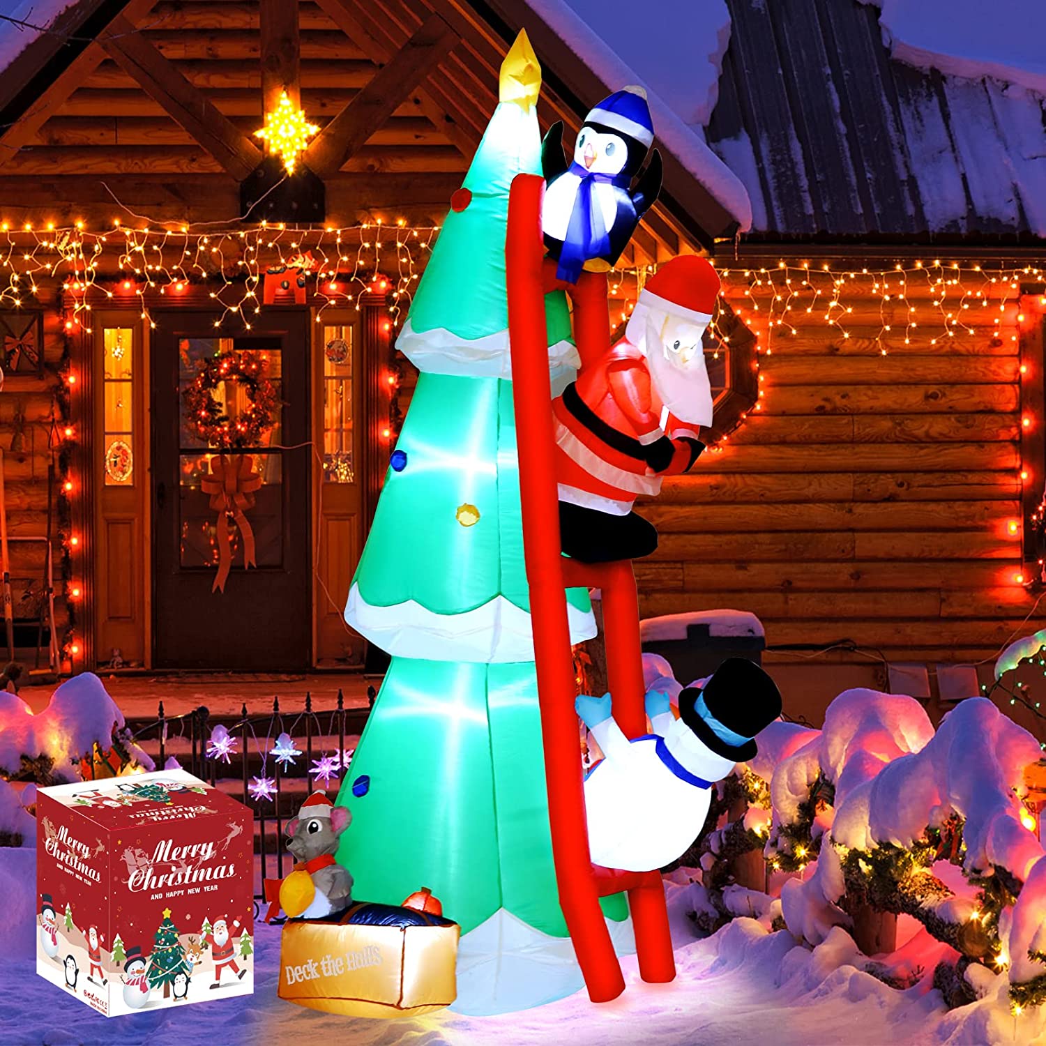 Árbol de Navidad inflable de 7 pies de altura con pingüinos y escalera roja, luces LED integradas que explotan la decoración del patio al aire libre