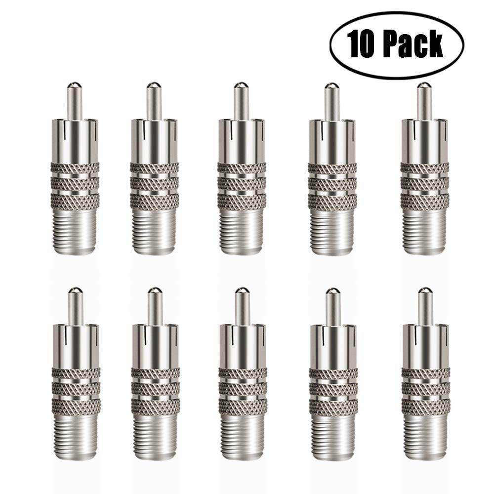 10 Pack F Type Female to RCA Male Coaxial Cable Adapter, Straight Coupler Adapter Connector for Video Audio (Nickel Plated).