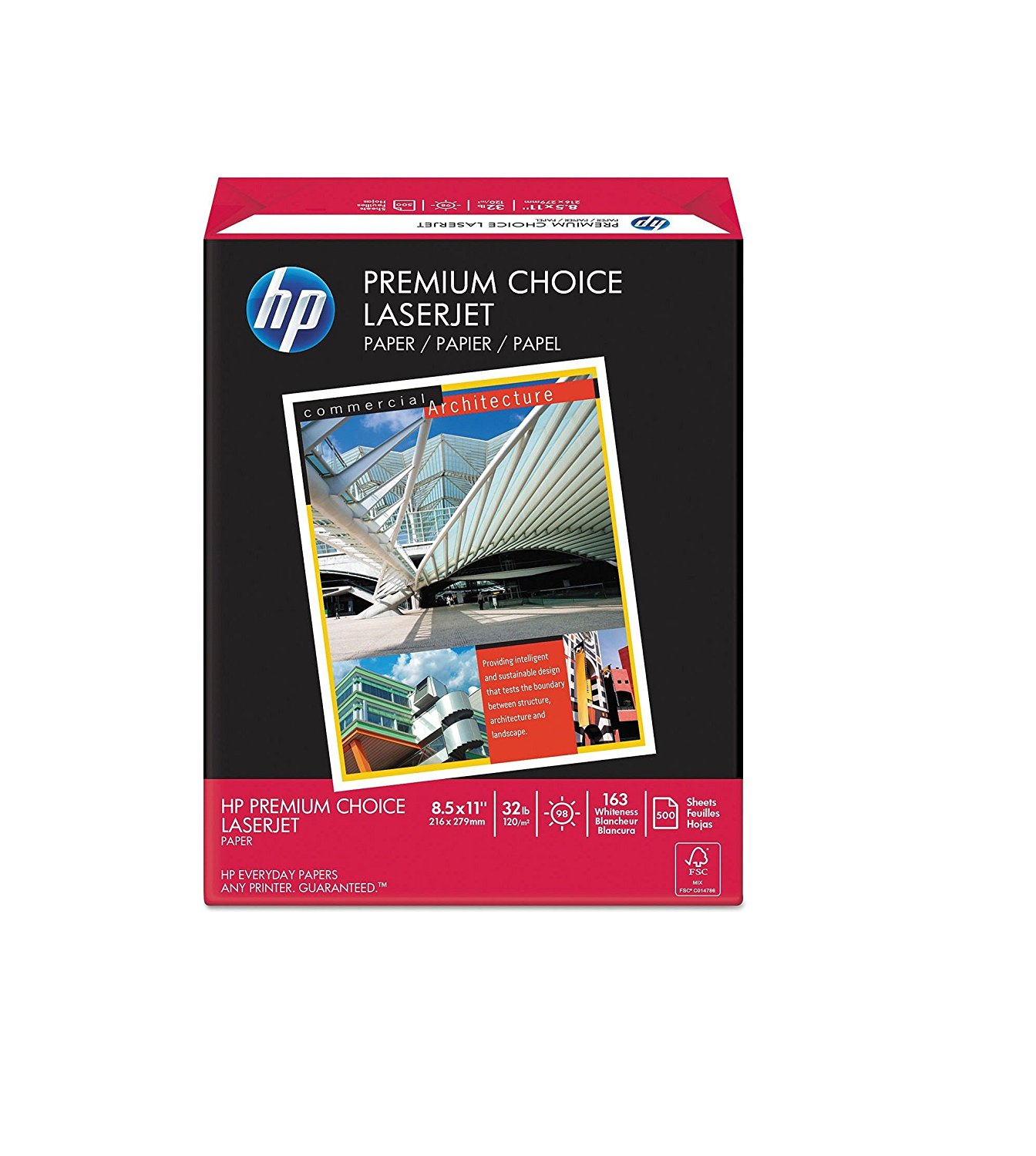Caja con 10 paquetes Papel Láser HP Premium Choice, 32 lb, 8-1 / 2 "x11", 98 Bright, 500 / RM, Blanco