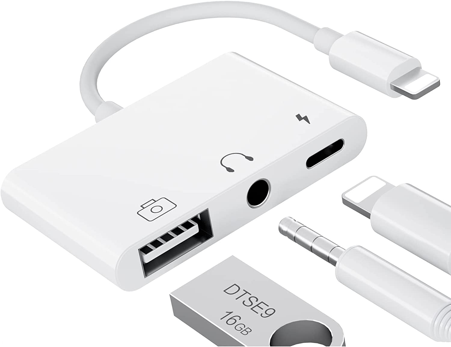 Adaptador Lightning iPhone OTG USB 3 en 1 con puerto de carga y conector de auriculares de 0.138 in
