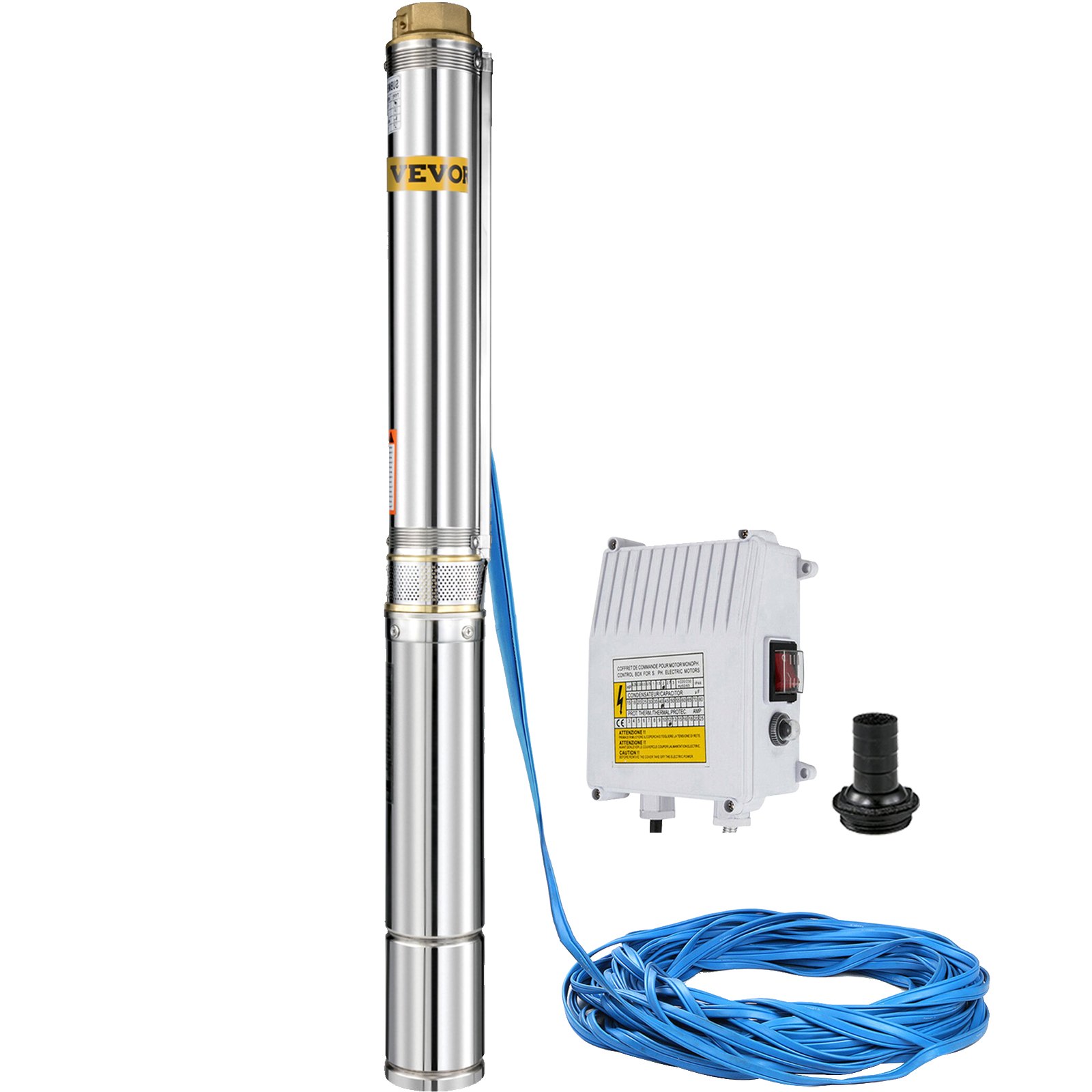 VEVOR Bomba Sumergible para Pozos Profundo de Acero Inoxidable 1,5 HP 390 FT 24 GPM con Caja de Control, Bomba de Agua con Cable de Conexión de 40 m, Bomba para Pozos 1,1 KW 2850 rpm Altura de 73 m