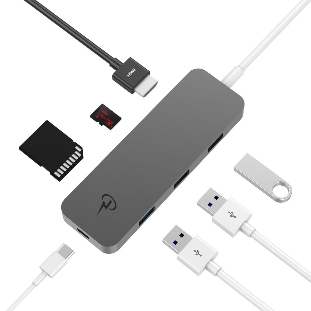 CHARJENPRO USB C HUB PREMIUM USB-C ADAPTER | APPLE MACBOOK 2016 / 2017 / 2018 | HDMI 4K, 3 USB 3.0, MICRO SD CARD READER FOR iMAC, CHROMEBOOK, SAMSUNG S9, S8, NOTE 8 SPACE GRAY