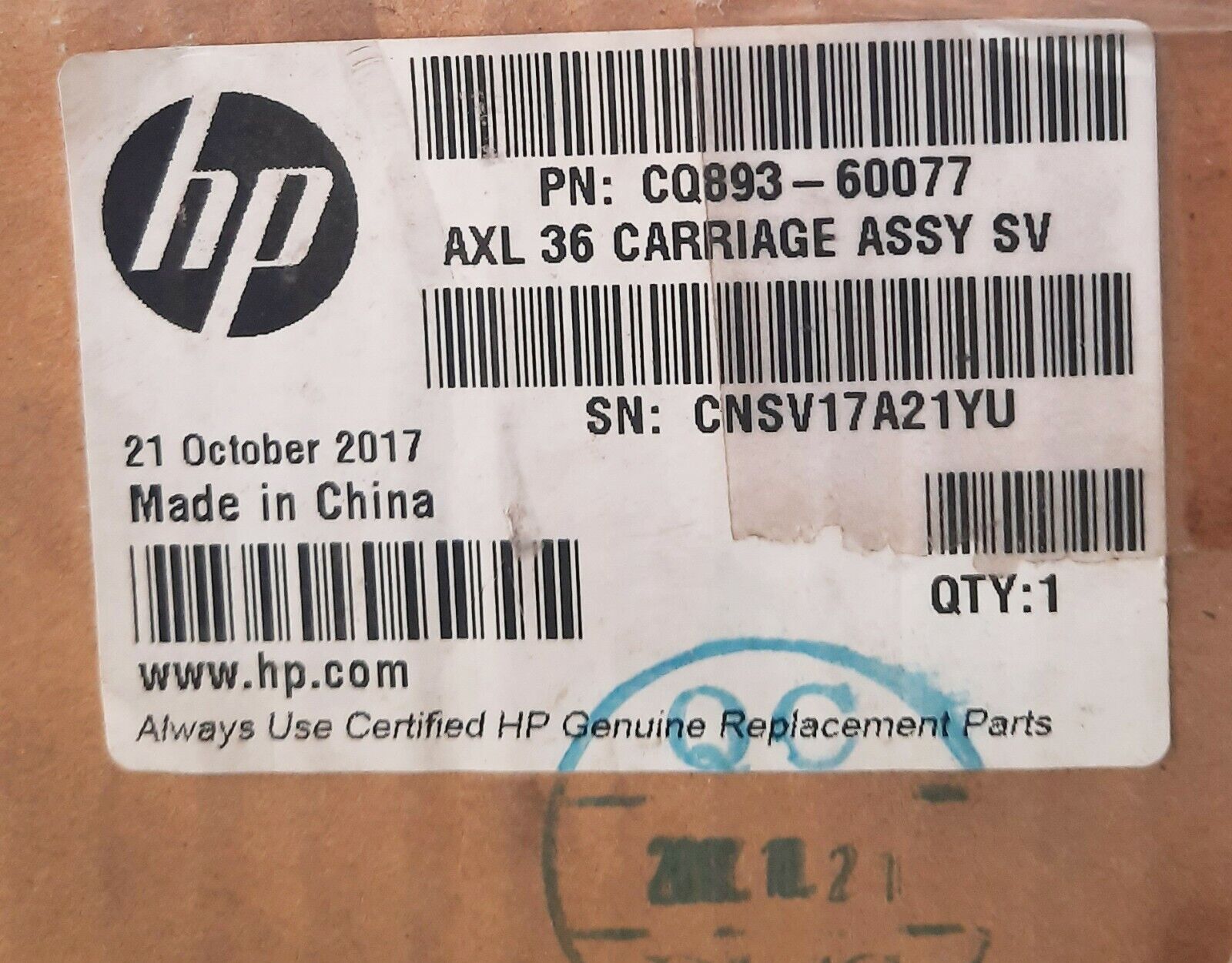 Conjunto de carro HP CQ893-60077 AXL 36 Carriage Assy SV/AmpXL 36 con lubricante