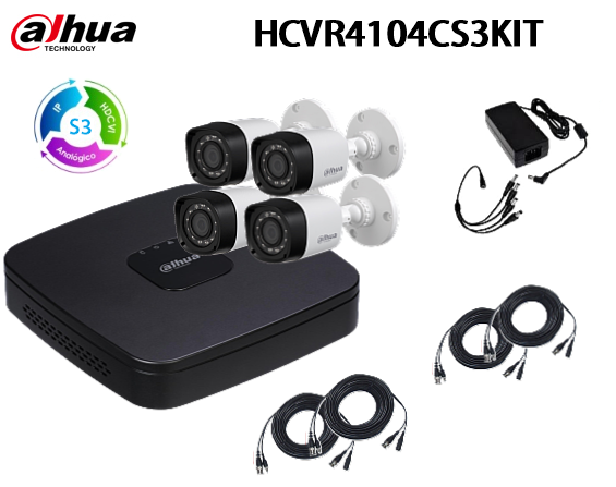 DAHUA HCVR4104CS3KIT- DVR DE 4 CANALES 720P TRIHIBRIDO/1 CANAL IP ADICIONAL 4+1/HDMI/4 CAM HFAW1000R28S2/P2P/ACCESORIOS