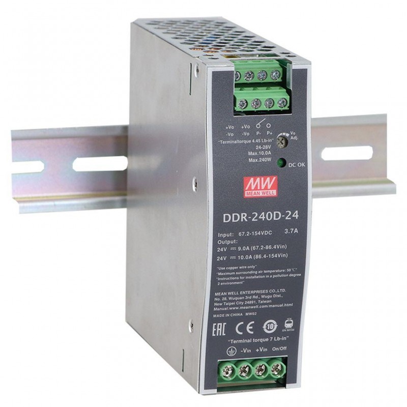 CONVERTIDOR DE RIEL DIN INDUSTRIAL ULTRADELGADO DC-DC; ENTRADA 67.2-154VDC; SALIDA ÚNICA 48VDC A 5A