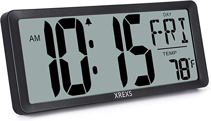 XREXS Reloj de pared digital grande, reloj despertador a pilas para decoración del hogar del dormitorio, temporizador de cuenta arriba y abajo, pantalla LCD grande de 14.17 pulgadas con hora/calendario/temperatura (pilas incluidas)