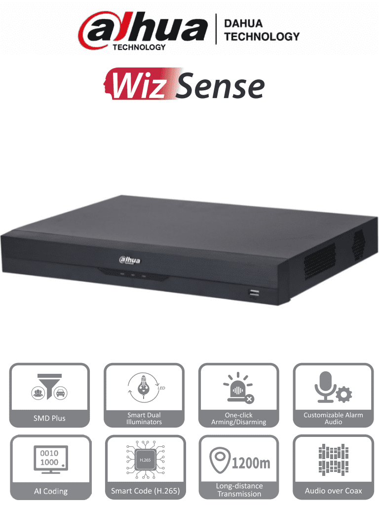 DAHUA XVR4232AN-I - DVR de 32 Canales de 1080p Lite/ WizSense/ H.265+/ Codificación IA/ 2 Bahías de Discos Duros/ Hasta 16 Canales IP/ 16 Canales con SMD Plus/ Busqueda Inteligente (Humanos y Vehiculos)/ Salidas de Video Compuesto, HDMI & VGA