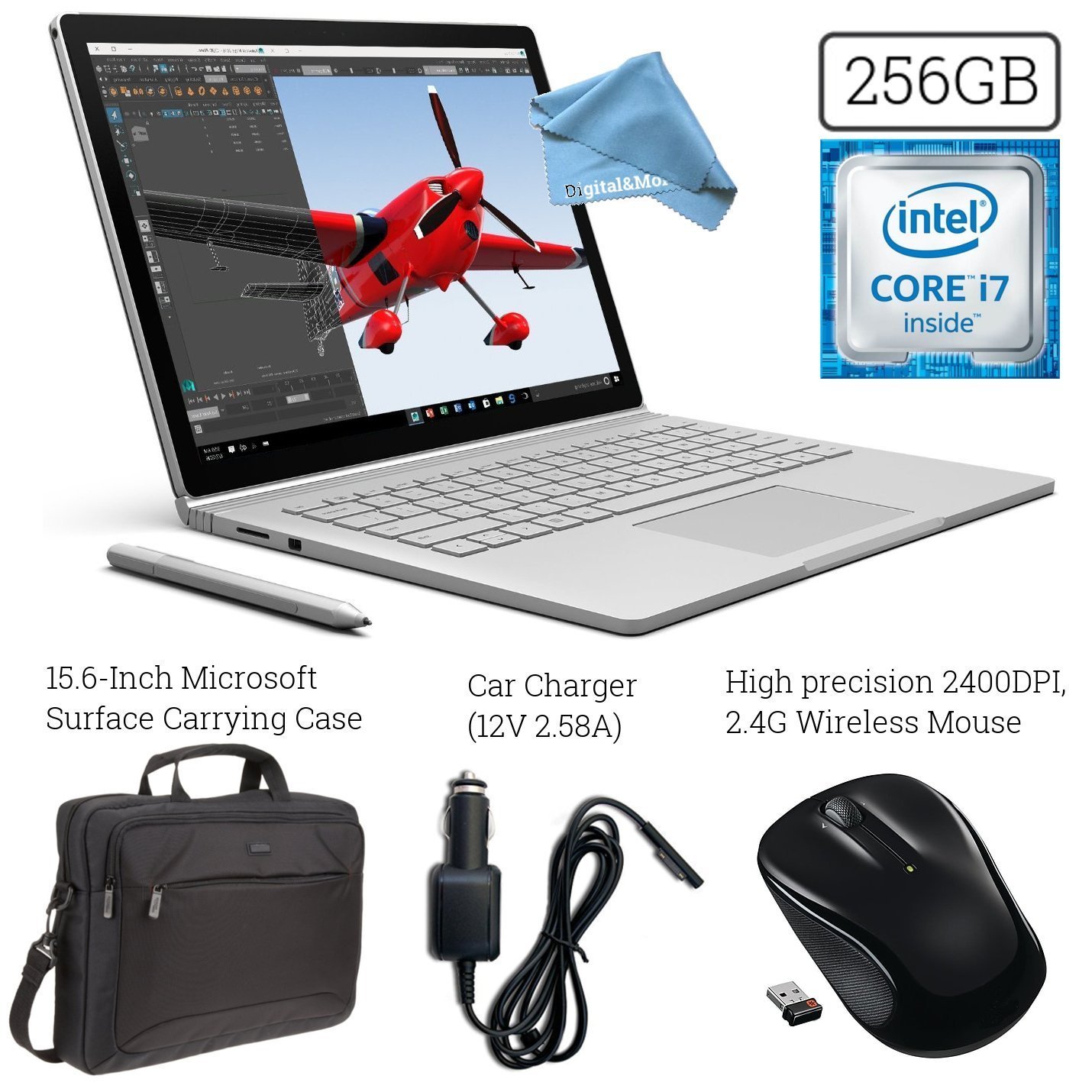 MICROSOFT SURFACE BOOK (256GB SSD, 8GB RAM, INTEL 6th GEN INTEL i7 + 15.6-INCH MICROSOFT SURFACE CARRYING CASE + 2.4G WIRELESS PORTABLE MOBILE OPTICAL MOUSE + CAR CHARGER + DigitalAndMore Cloth