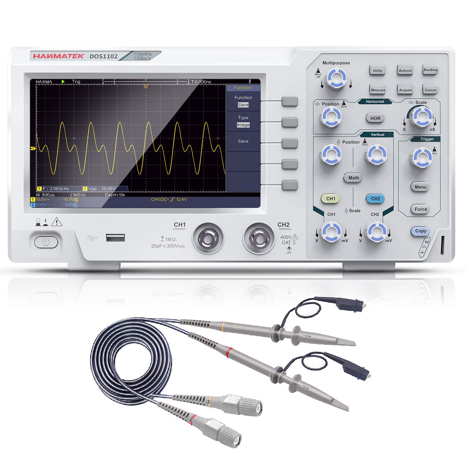 HANMATEK DOS1102 - Osciloscopio digital con 2 canales y pantalla de 7 pulgadas/7.1 in, pantalla TFT-LCD, kit de osciloscopio profesional portátil con velocidad de muestreo 1GS/s