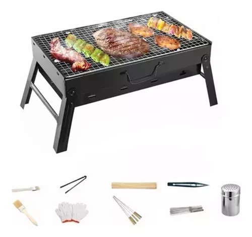 ASADOR PARRILLA CARBÓN PORTATIL PLEGABLE DE VIAJE CAMPING COLOR NEGRO.