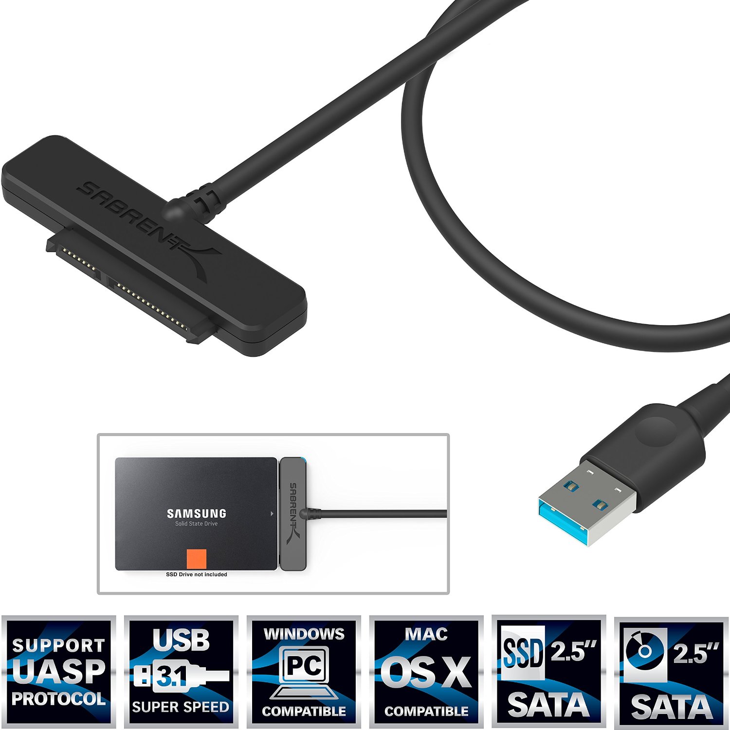 Sabrent USB 3.1 (Type-A) to SSD / 2.5-Inch SATA Hard Drive Adapter [Optimized For SSD, Support UASP SATA III] (EC-SS31)