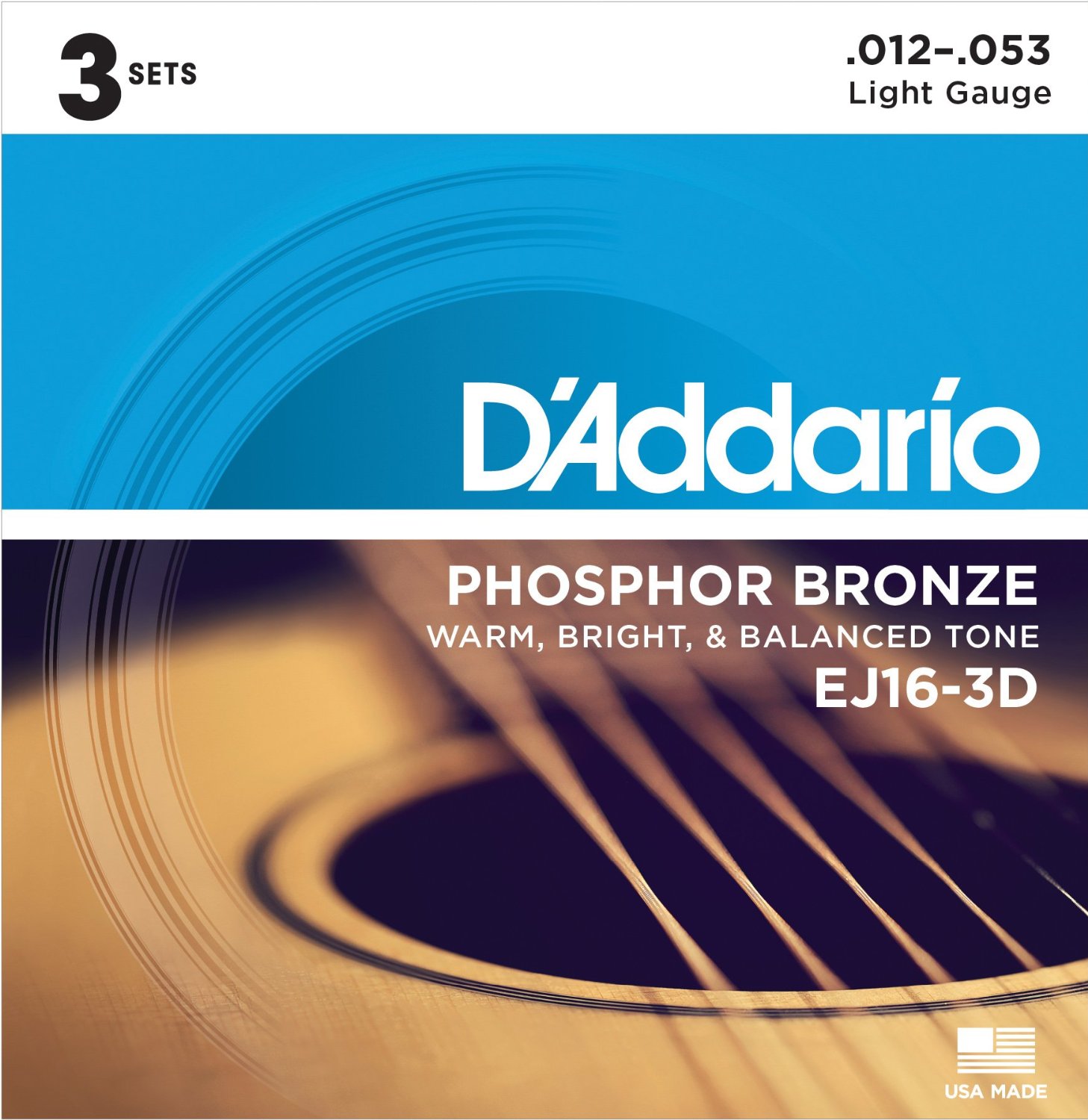 D'Addario EJ16-3D Bronce fosforado para guitarra acústica, luz, 3 Sets