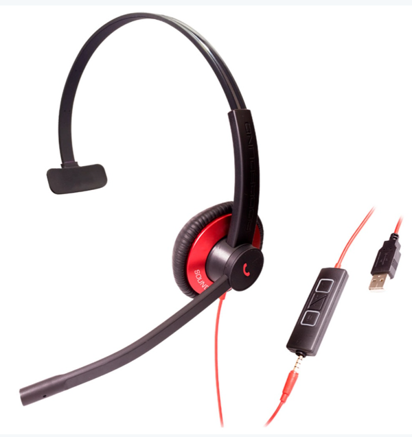 Diadema UC, control llamada, mute y vol, 3.5mm y USB Roja Monoaural