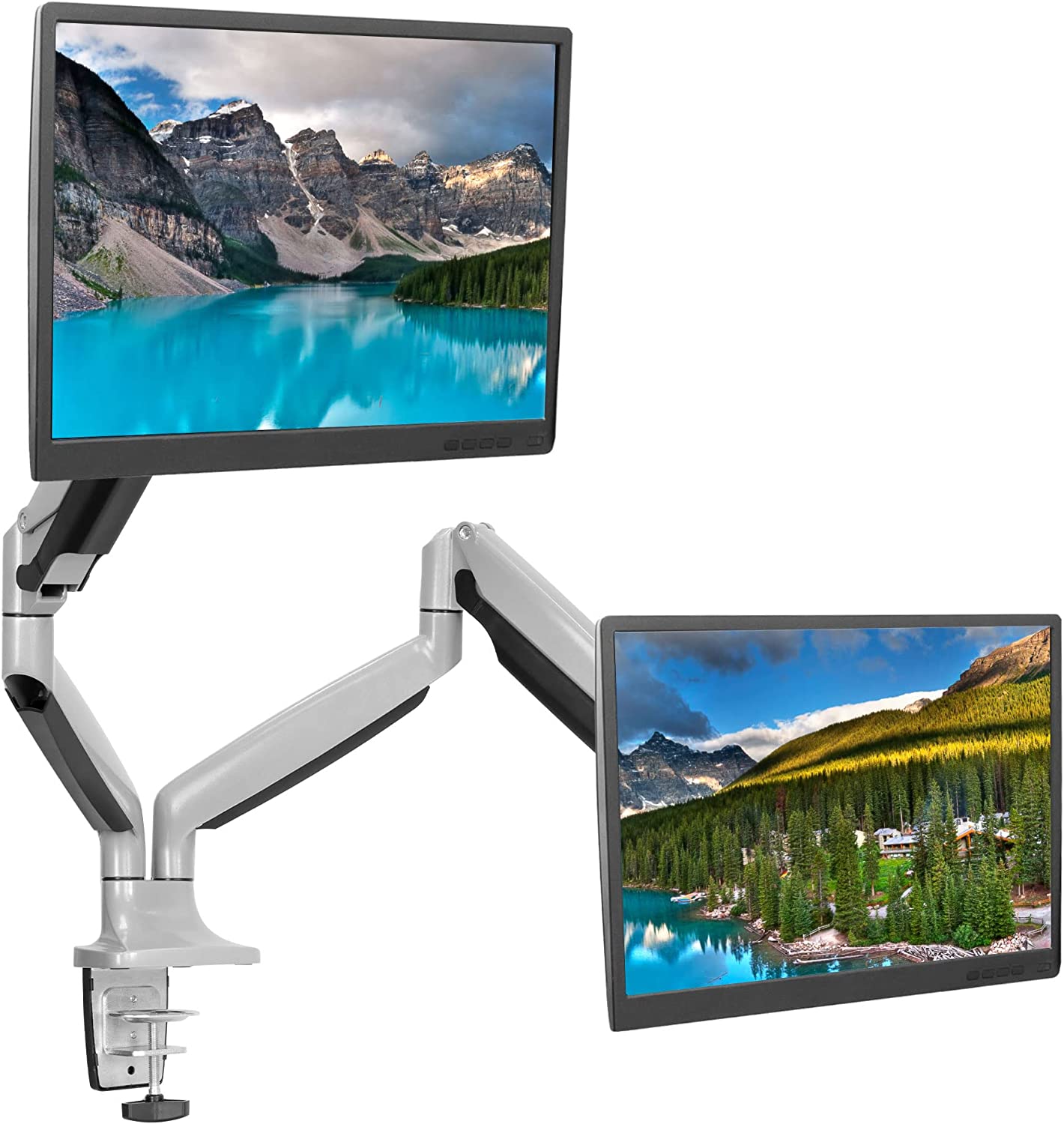 Mount-It! (MI-1772) Dual Monitor Arm Mount Desk Stand Two Articulating Gas Spring Height Adjustable Arms | Fits Up To 32" VESA 75 100 Compatible Screens | C-Clamp and Grommet Bases (Silver).