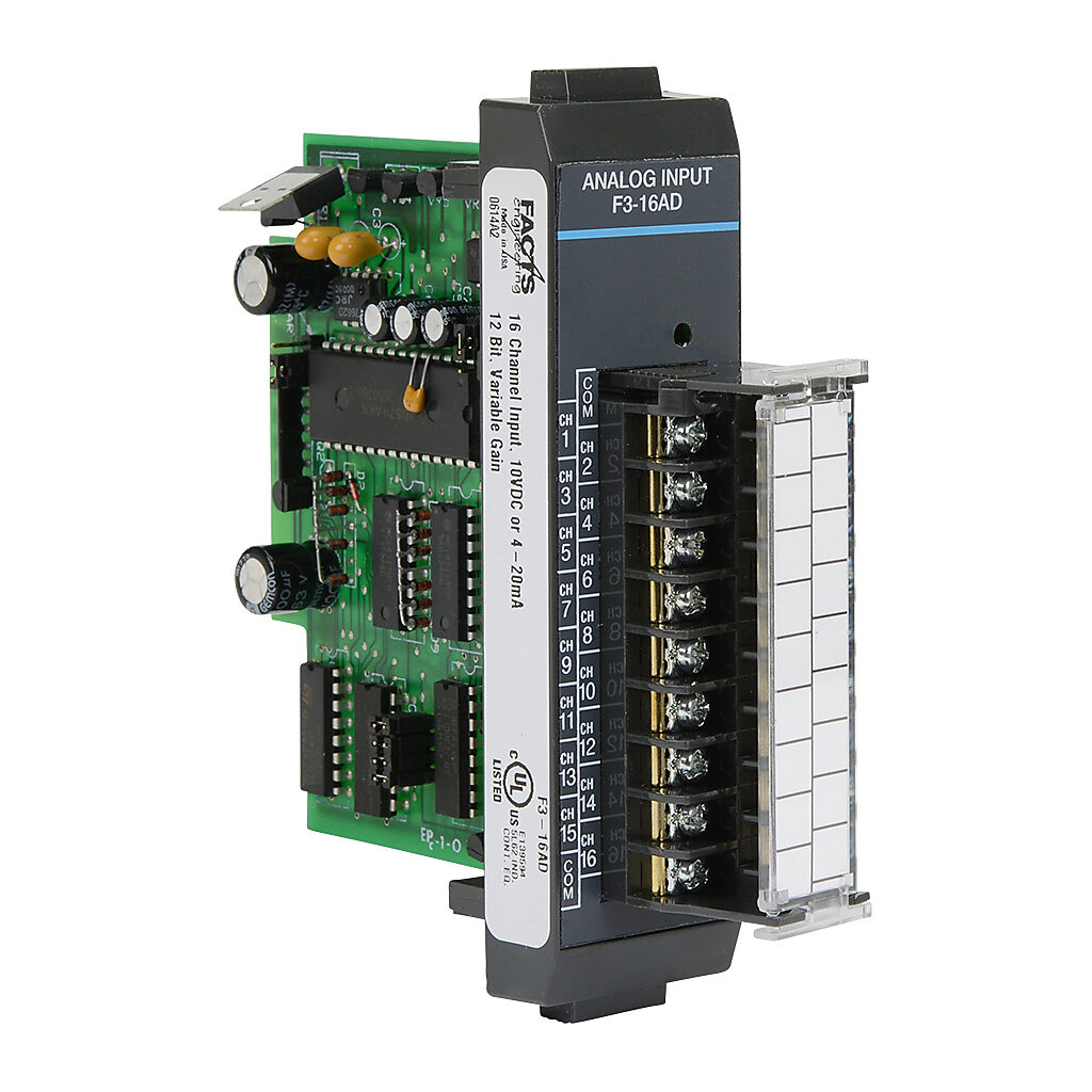 DirectLOGIC DL305 analog input module, 16-channel, current/voltage, 12-bit, input current signal range(s) of 0-20 mA, input voltage signal range(s) of 0-10 VDC, +/- 5 VDC, +/- 10 VDC.