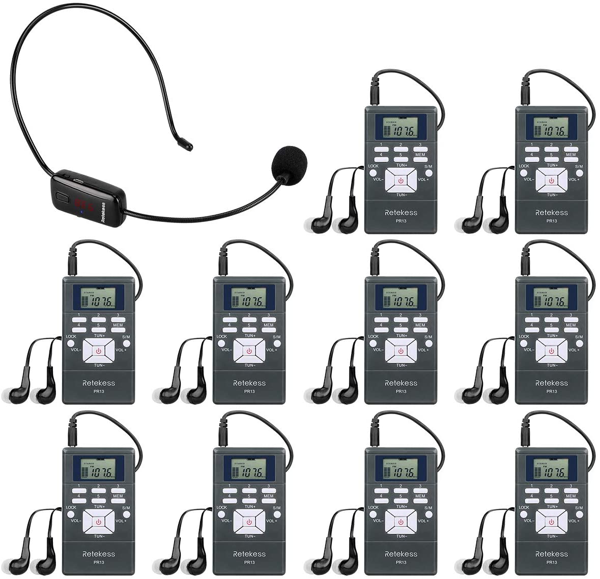 Retekess - Transmisor FM portátil con sistema de guía de 98.4 ft con 15 receptores FM PR13 para traducción de iglesia