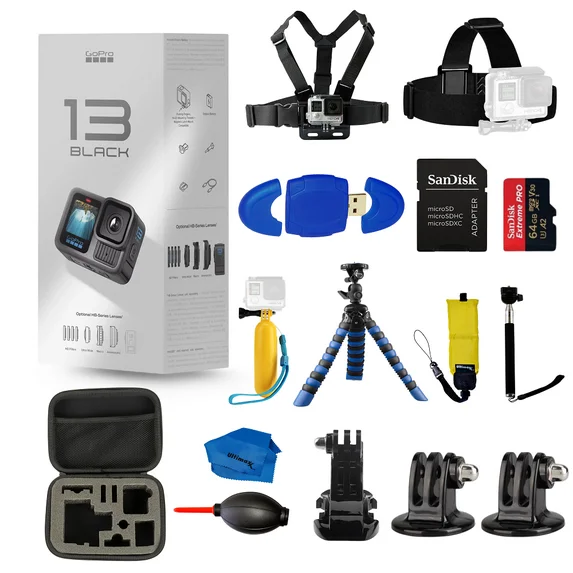 GoPro HERO 13 HERO13 Black 5.3K HDR 27MP Action Camera - 64GB Accessory Bundle