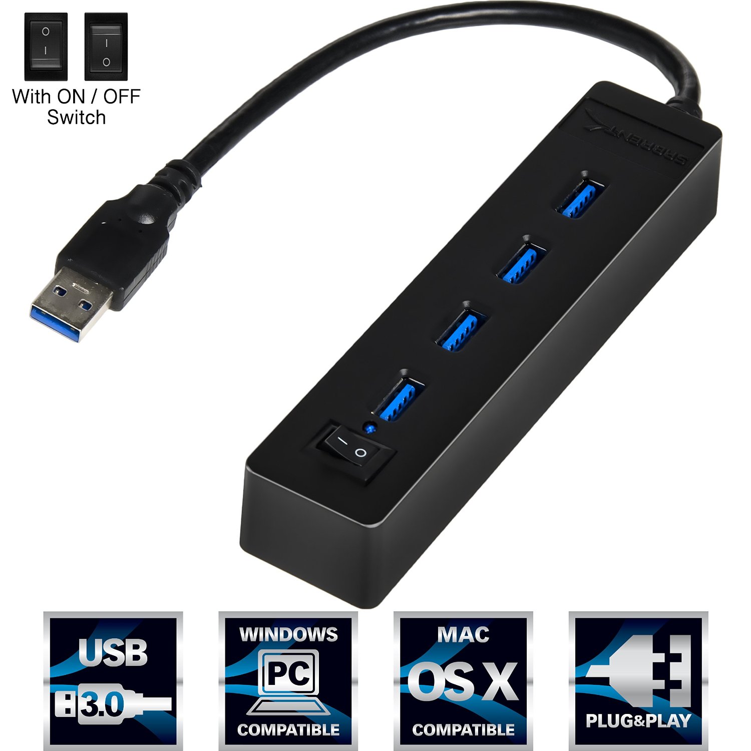 Sabrent 4 Port Portable USB 3.0 Hub with Power Switch for Ultra Book, MacBook Air, Windows 8 Tablet PC - Black (HB-U3P4)