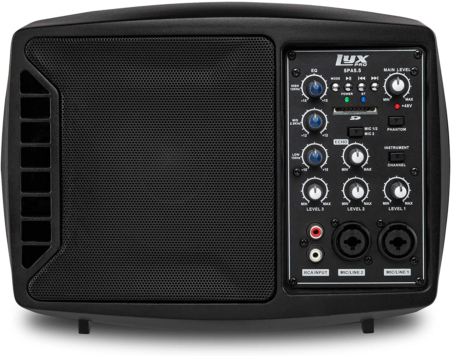 LyxPro SPA-5.5 Small PA Speaker Monitor Class-D Amplifier 3 Channel Mixer 3 Band EQ, Powerful Compact Active Speaker System amp with mixer 48V Phantom Power.