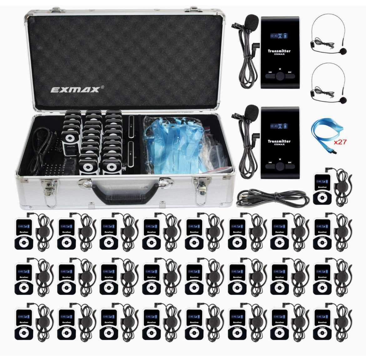 EXMAX GUÍA TURÍSTICA INALÁMBRICA ATG-100T - SISTEMA DE TRANSMISIÓN DE AUDIO POR VOZ (2 TRANSMISORES Y 25 RECEPTORES + FUNDA DE CARGA DE ALEACIÓN DE ALUMINIO)