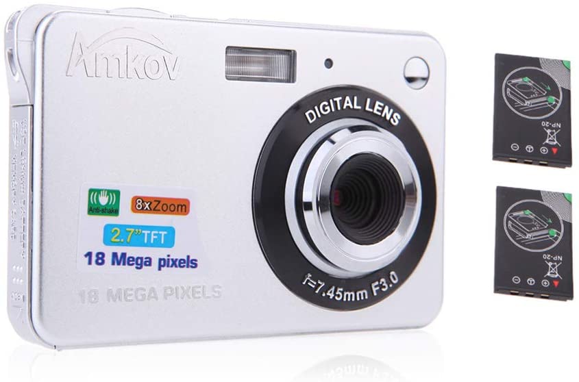 AMKOV Compact HD Digital Camera Video Camcorder 18MP 2.7" TFT 8X Zoom Smile Capture Anti-Shake with 2pcs Batteries Christmas Festival Gift.