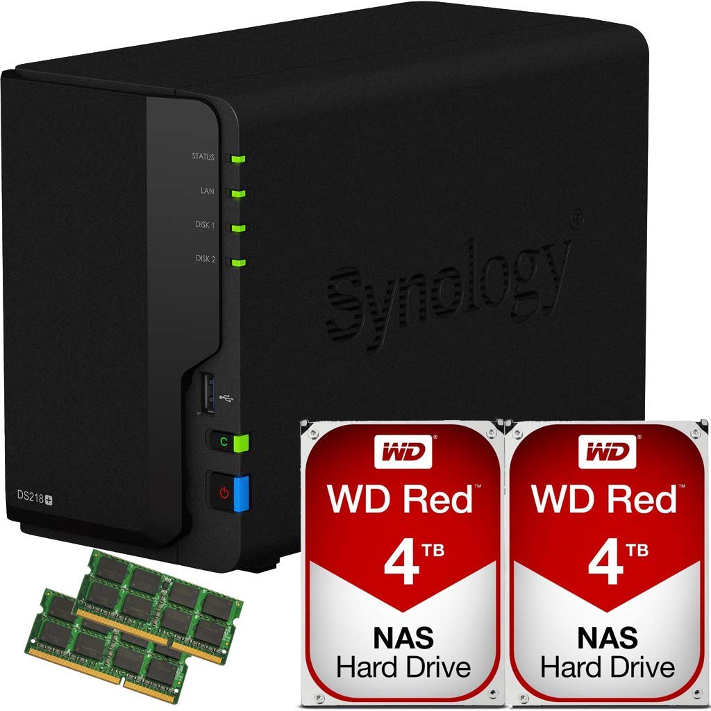 Synology DS218 + NAS DiskStation de 2 bahías con 4 GB de RAM y 8 TB (2 x 4 TB) de unidades Western Digital Red NAS.