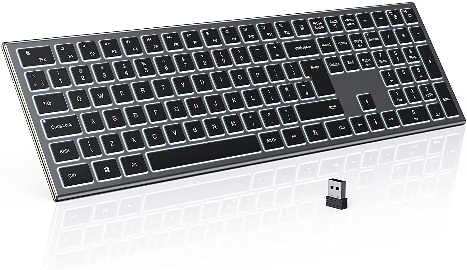 Backlit Wireless Keyboard, seenda 2.4GHz Ultra Slim Rechargeable Keyboard, Illuminated Wireless Keyboard for Computer, Laptop, Desktop, PC, Surface, Smart TV, Windows 10/8/7 (Black and Grey).