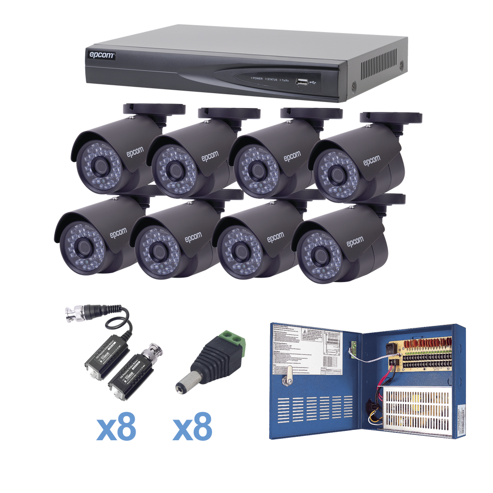 Sistema TURBOHD 1080P, Incluye DVR 8 ch / 8 cámaras bala (interior - exterior, 2.8mm gran angular) / transceptores / conectores / Fuente de poder profesional hasta 15 Vcd para Larga Distancia.