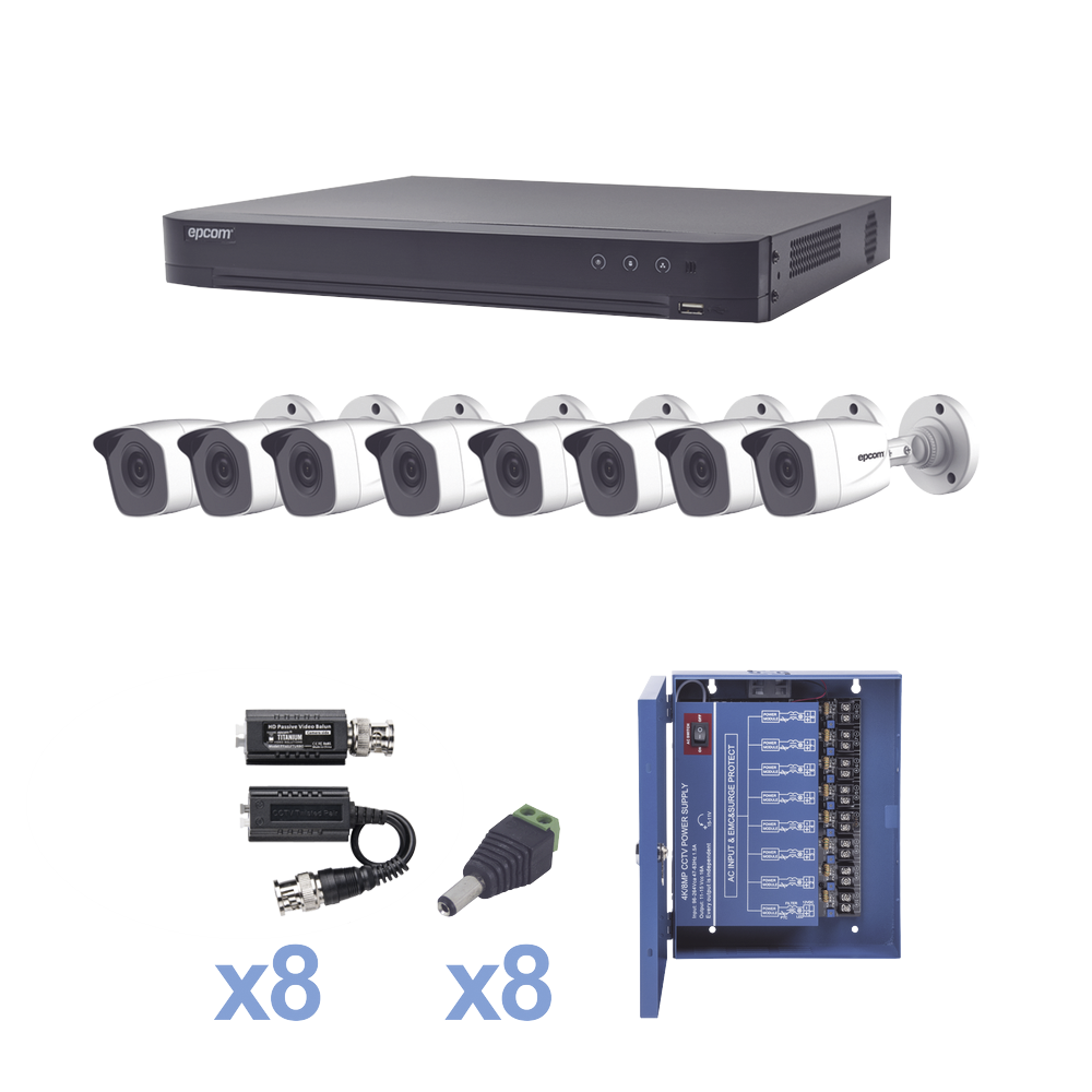 KIT TurboHD 1080p / DVR 8 Canales / 8 CÃ¡maras Bala (exterior 2.8 mm) / Transceptores / Conectores / Fuente de Poder Profesional hasta 15 Vcd para Larga Distancias