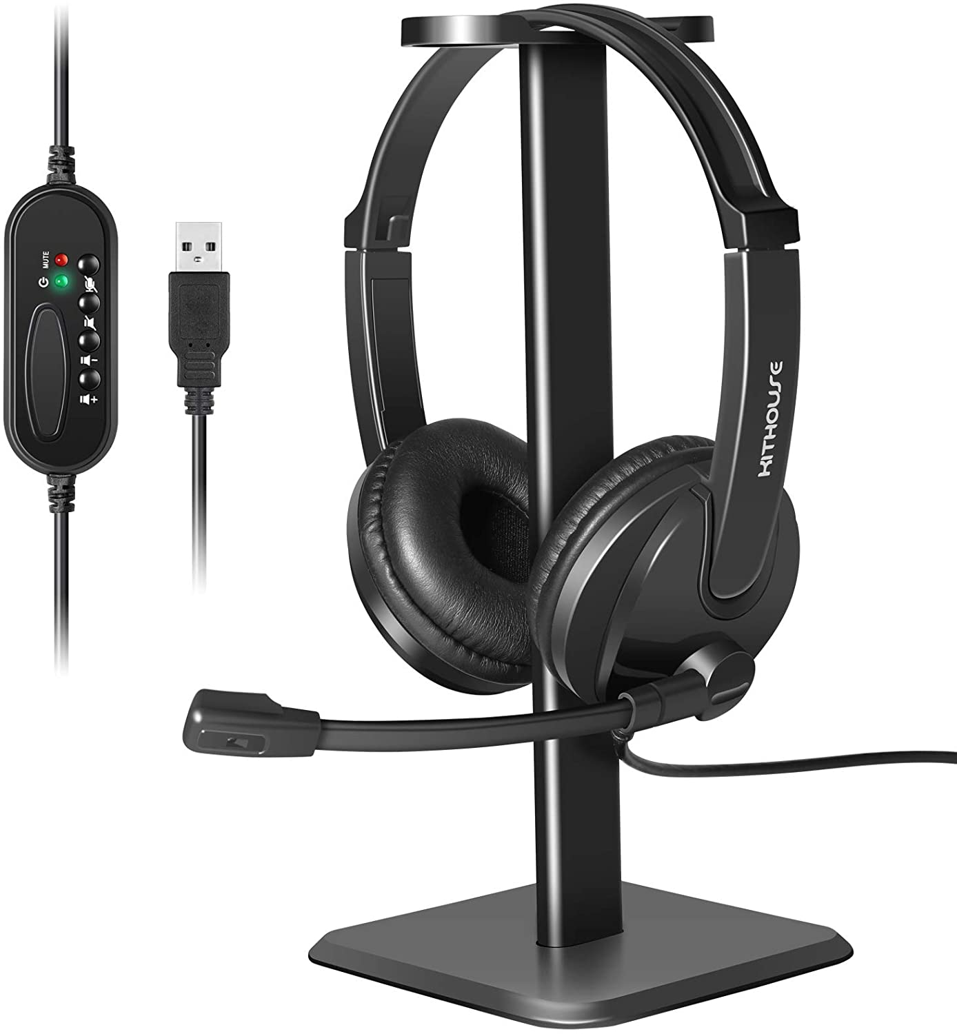 Kithouse - Auriculares USB con micrófono para ordenador portátil, ordenador, centro de llamadas con cable, micrófono con cancelación de ruido y soporte para auriculares