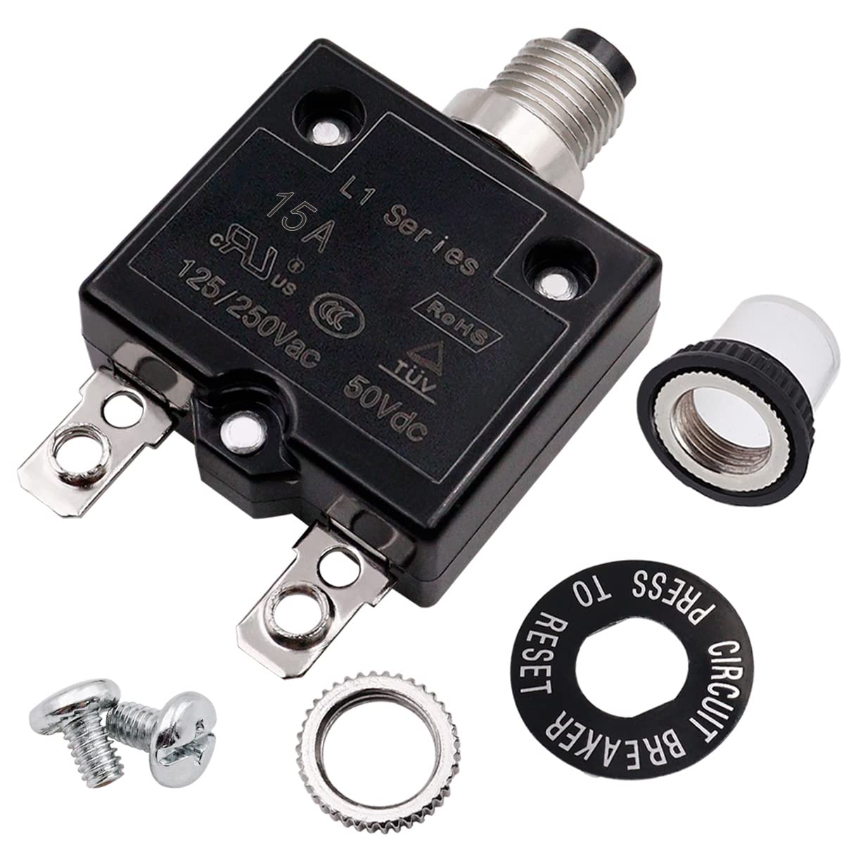 Interruptor de botón eléctrico de 15 amperios de 125/250 VAC, protector de sobrecarga térmica serie L1 con terminales de conexión rápida y tapa de botón impermeable L1-ls-15A