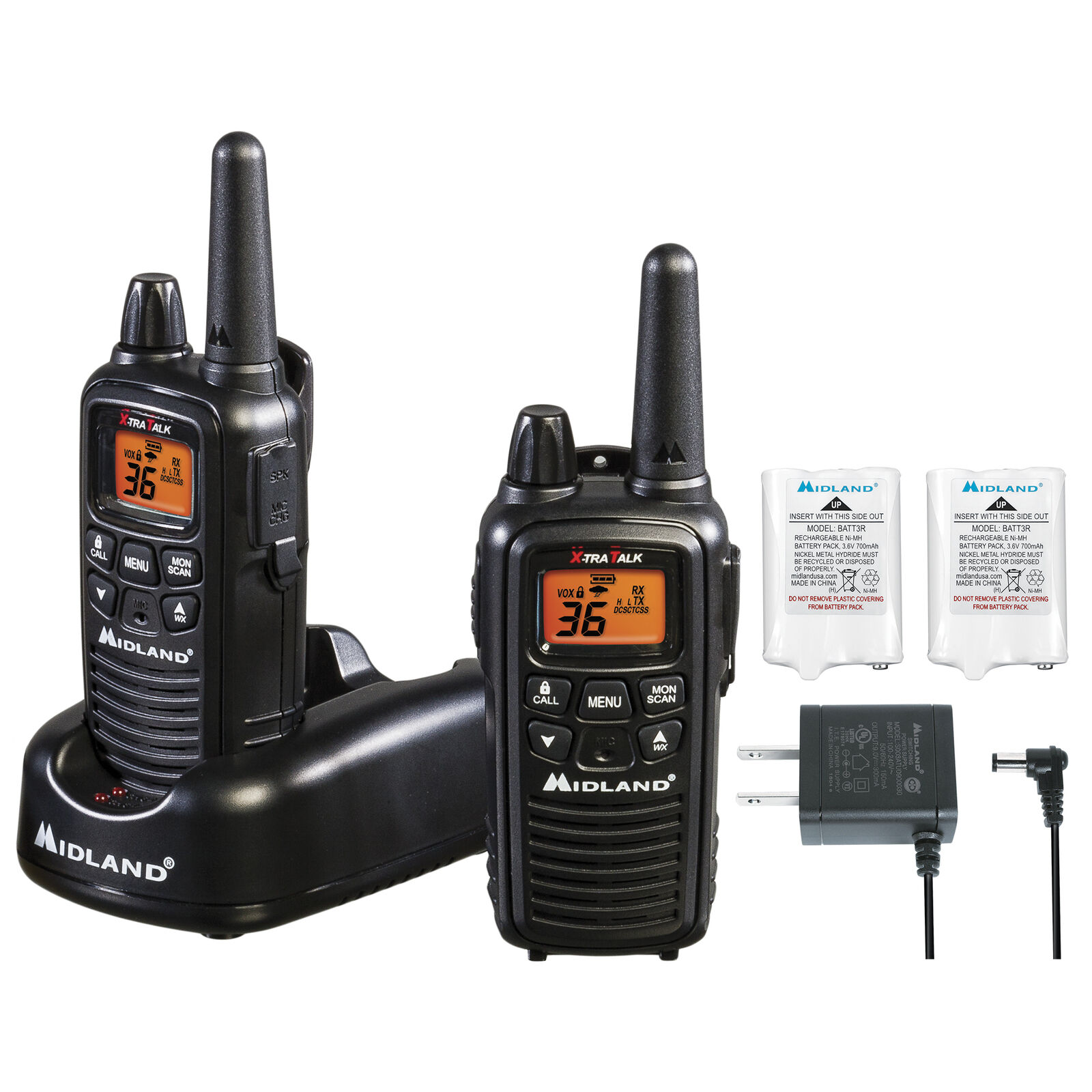 MIDLAND LXT600VP3, RADIOS FRS CON 36 CANALES DE DOS VÍAS, HASTA 30 MILLAS DE ALCANCE, 121 CÓDIGOS DE PRIVACIDAD, ESCÁNER DE CLIMA NOAA ALERTA (PAQUETE CON PAR) (NEGRO)
