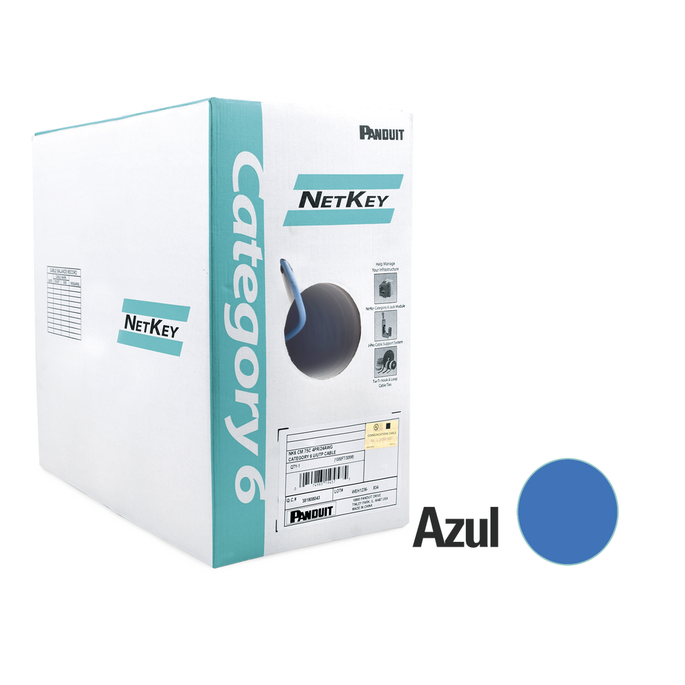 Bobina de Cable UTP 305 m. de Cobre, NetKey, Azul, Categoría 6 (24 AWG), 1000Mbps, Riser (CMR), de 4 pares