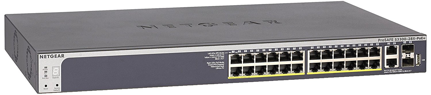 NETGEAR 28-Port Smart Managed Pro Stackable Switch, 24GbE PoE+, 195W, 2 SFP+, 2 10GBASE-T, ProSAFE Lifetime Protection (GS728TXP). S3300-28X-PoE+ Stackable Switch with 24-port 1G PoE+ 190W
2 10GBASE-T and 2 10GBASE-X SFP+ ports for uplink and stacking