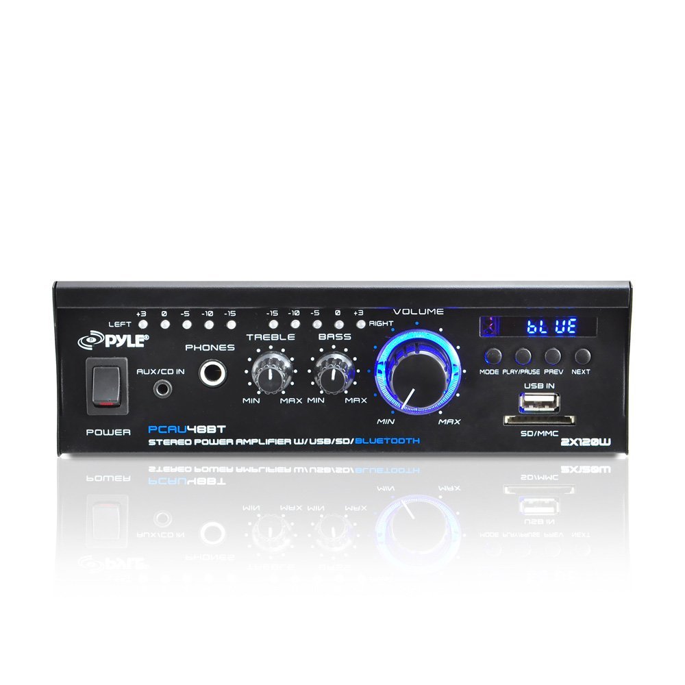 PYLE MINI BLUE SERIES ESTEREO CON POTENCIA DE AMPLIFICADOR, 2X120WATTS, CARGADOR USB, LECTOR DE USB/SD, ENTRADA AUX