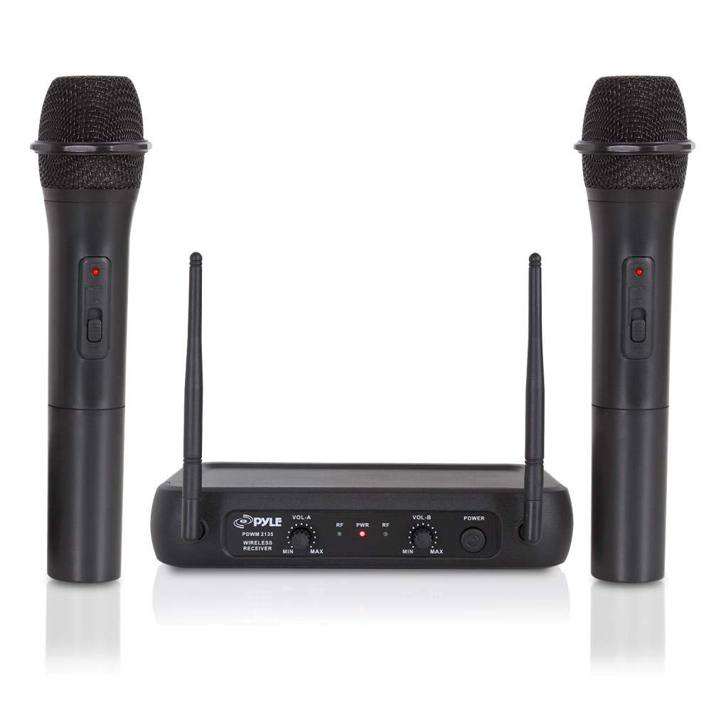 Dual Channel Wireless Microphone System - VHF Fixed Dual Frequency Wireless Mic Receiver Set with 2 Handheld Dynamic Transmitter Mics, Receiver Base