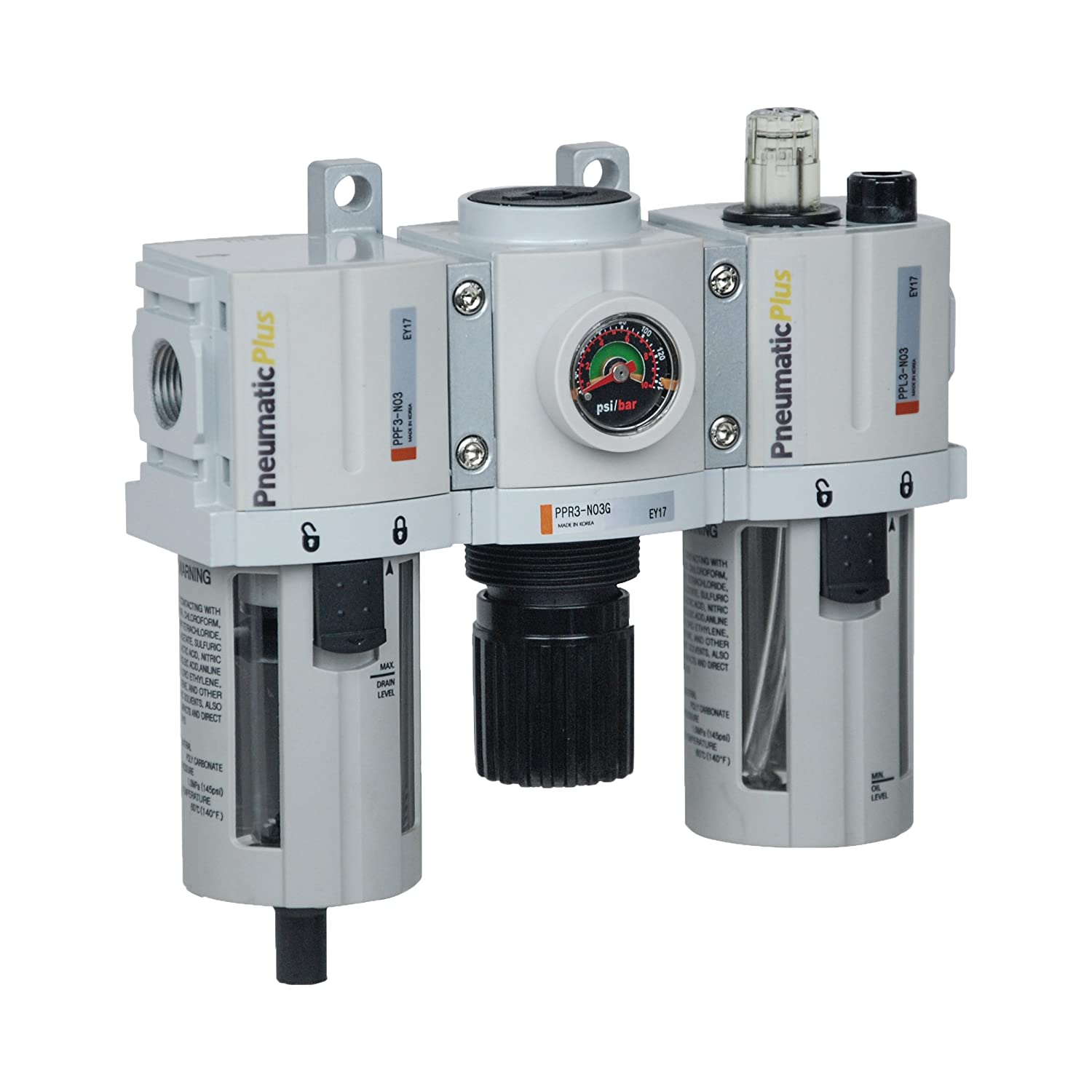 PneumaticPlus PPC3-N02G, Regulador de filtro de aire comprimido, combo lubricante, 1/4 NPT (flujo elevado), 5 micrones, drenado manual, medidor incorporado (0 – 140 PSI)