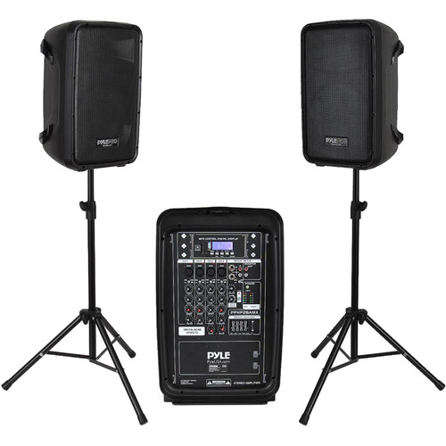 Kit de DJ con amplificador/mezclador de 300 W y altavoz PA Pyle Pro PPHP28AMX con dos altavoces de 2 vías de 8IN cables, micrófono y soportes