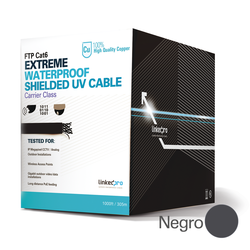 LINKEDPRO BOBINA DE CABLE DE 1000 ft ( 305 m ) CAT6 EXTERIOR BLINDADO TIPO FTP PARA CLIMAS EXREMOS, UL, COLOR NEGRO, PARA APLICACIONES DE CCTV, VIDEO HD Y REDES DE DATOS. USO EN INTEMPERIE