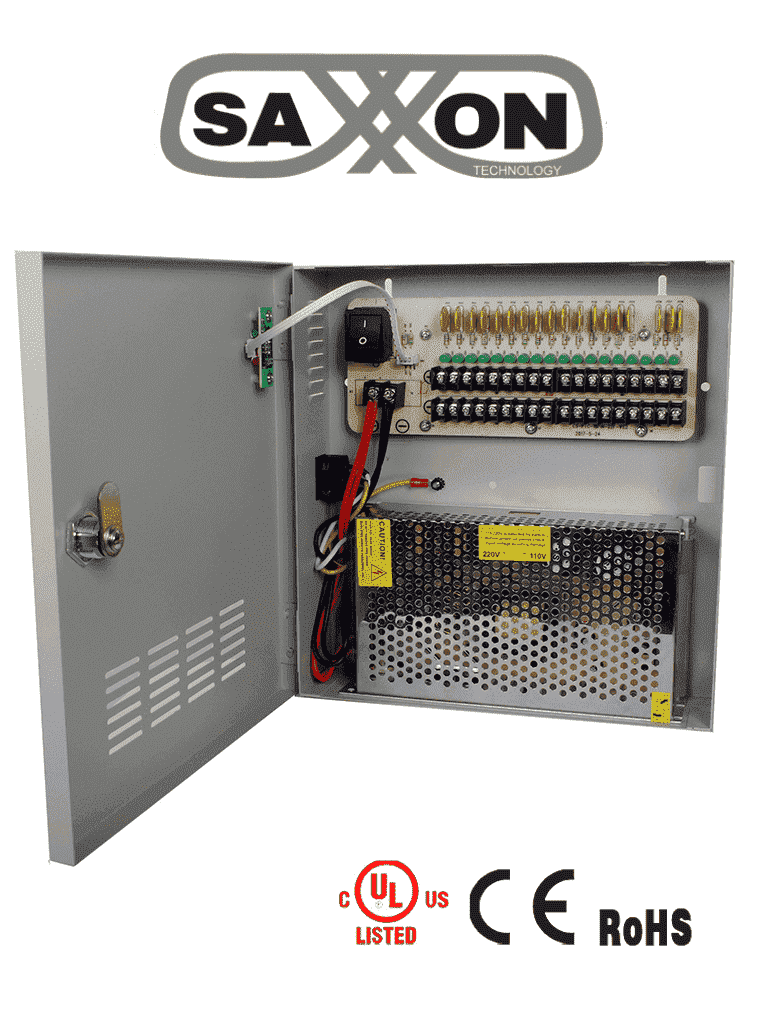SAXXON PSU1220D18 - Fuente de 12 vcd/ 20 Amperes/ Para 18 Camaras/ 1.1 Amper por Canal/ Protección contra Sobrecargas/ Certificación UL/