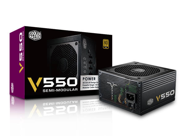 CM PW V550 80 PLUS Gold  90% Eff. SEMI-MODULAR RS-550-AMAAG1-S1 DIMENSION 150 X 140 X 86MM INPUT VOLTAGE 90-264VAC (FULL RANGE) OUTPUT CAPACITY 550W CONNEC MB 20+4 PIN/CPU12V 4+4/PCI-E 6+2 PIN/SATAX8