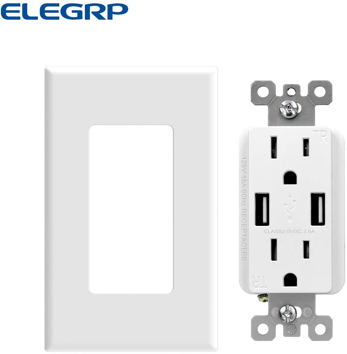 ELEGRP USB Charger Wall Outlet, Dual High Speed 3.6 Amp USB Ports 15 Amp Duplex Tamper Resistant Receptacle Plug NEMA 5-15R Wall Plate Included UL Listed 1 Pack White