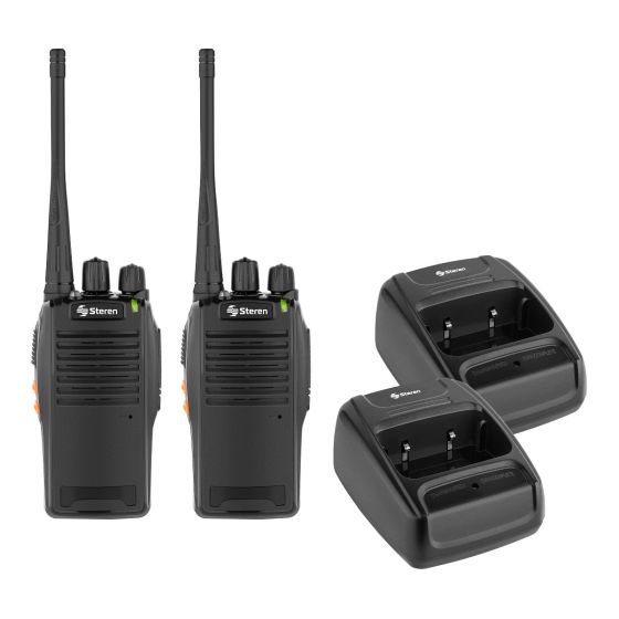 RAD-010 - Kit de 2 radios intercomunicadores - Steren, 16 canales pre configurados, Incluyen base cargadora para cada radio