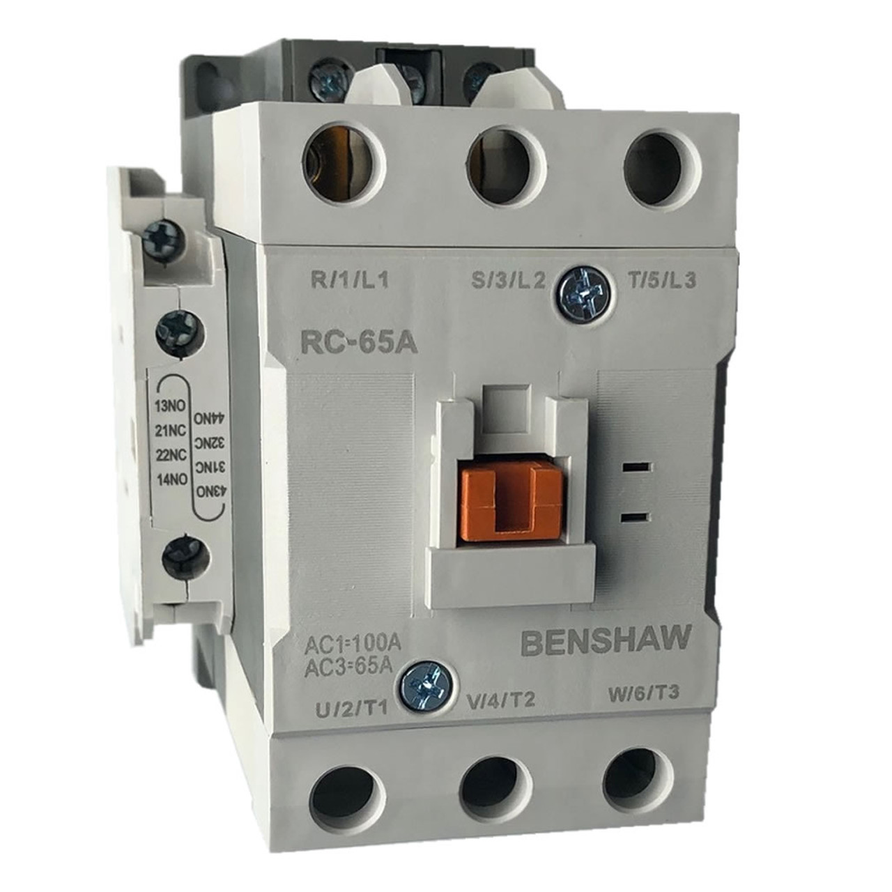 Benshaw RC-65A-56AC120 3 pole, 65 AMP contactor that is rated 30 H.P. @ 230 volt, 50 H.P. @ 460 volt 3 Phase and a 120 volt AC coil. Comes pre-installed with 2 side mounted auxiliary contacts (1 N.O./1 N.C. each), screw terminals and mounts on standard 35MM DIN rail.