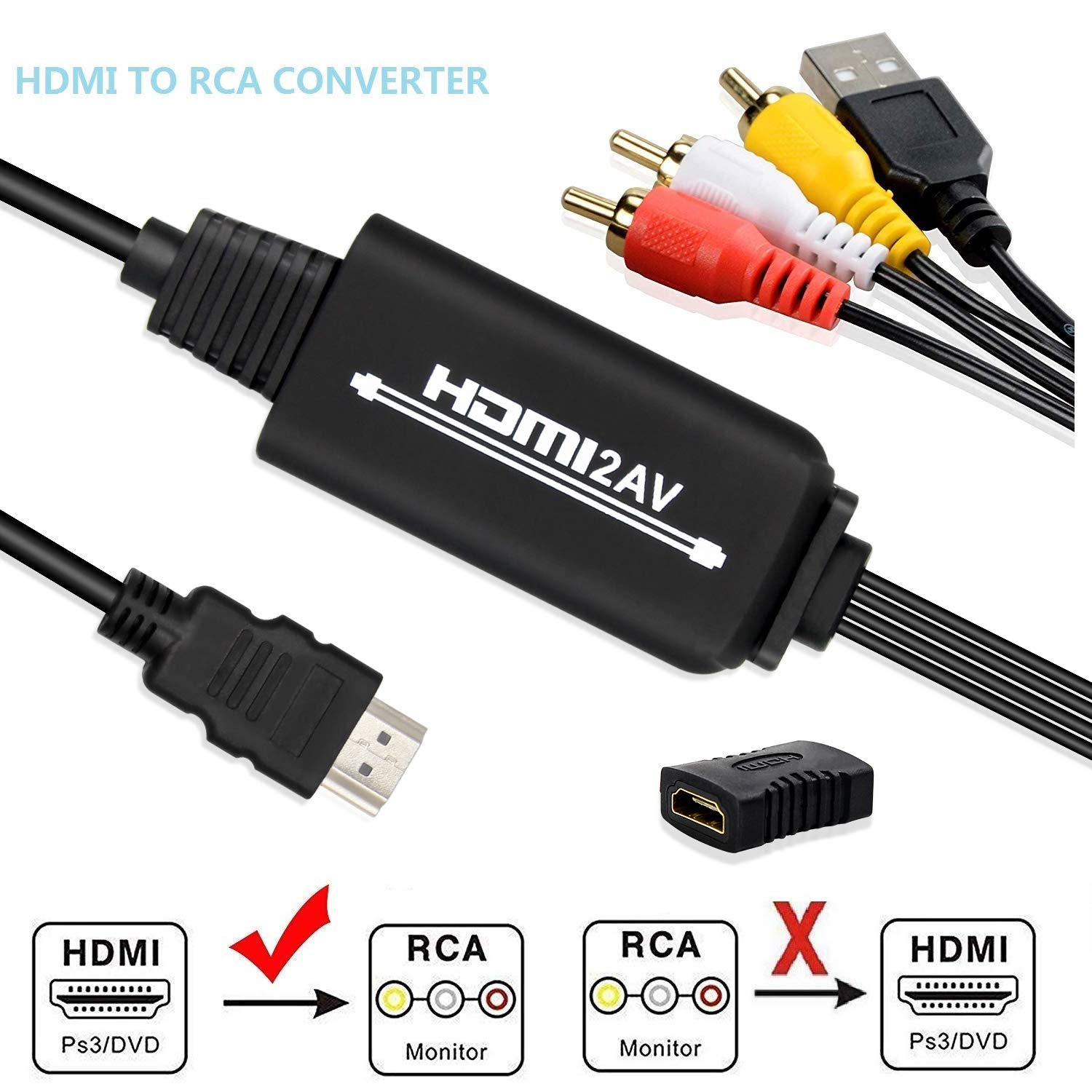 HDMI to RCA Converter - UBISHENG 1080P HDMI to AV CVBS Composite Converter, Compatible with PC/Laptop/HDTV/DVD / PS3 / PS4 Blu Ray Player STB etc, Support PAL/NTSC.