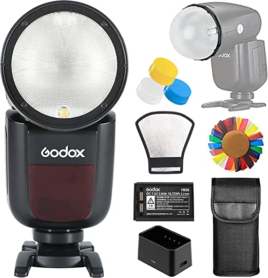 Godox V1-S Flash para cámara Sony, 76 W 2.4 G TTL cabeza redonda, 1/8000 HSS, 480 tomas de potencia completa, tiempo de reciclaje de 1.5 s, batería de litio de 2600 mAh, lámpara de modelado LED de 10 niveles