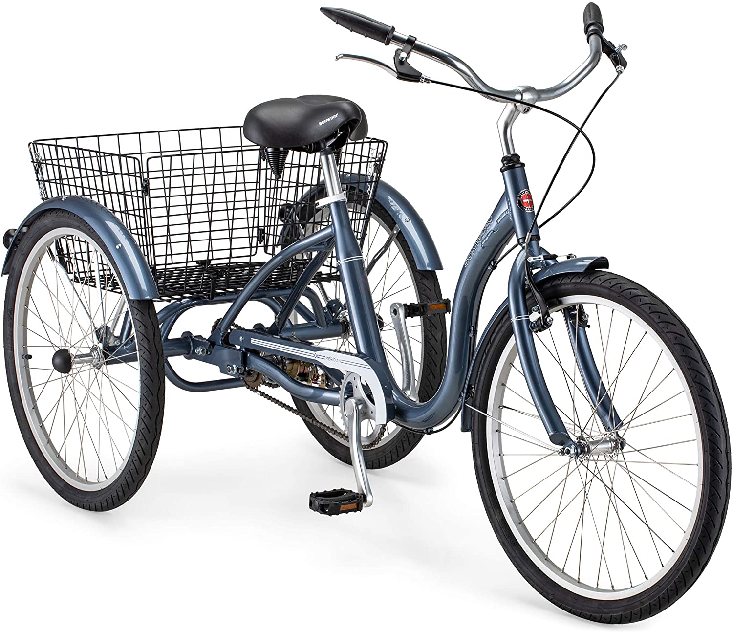 Schwinn Meridian triciclo para adultos, con ruedas de 24 pulgadas, cuadro bajo de aluminio, con canasta de carga, Color Azul Pizarra, 1-velocidad
