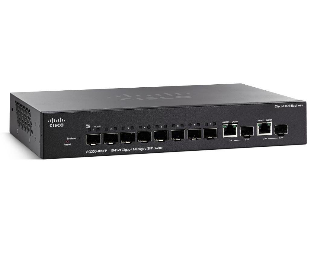 Cisco SG300-10SFP-K9-EU - Switch de red (8 puertos SFP + 2 puertos RJ-45/SFP, Gigabit Ethernet), negro