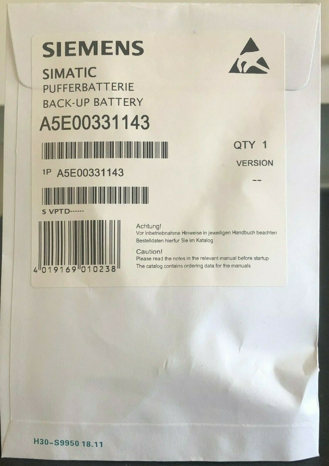 Siemens A5E00331143 Battery for Simatic S-7 PLC Logic Controller 3 Voltage 950mAh Terminals Connector Diameter 0.55" x Height 0.99" CR 1/2 AA-SWC