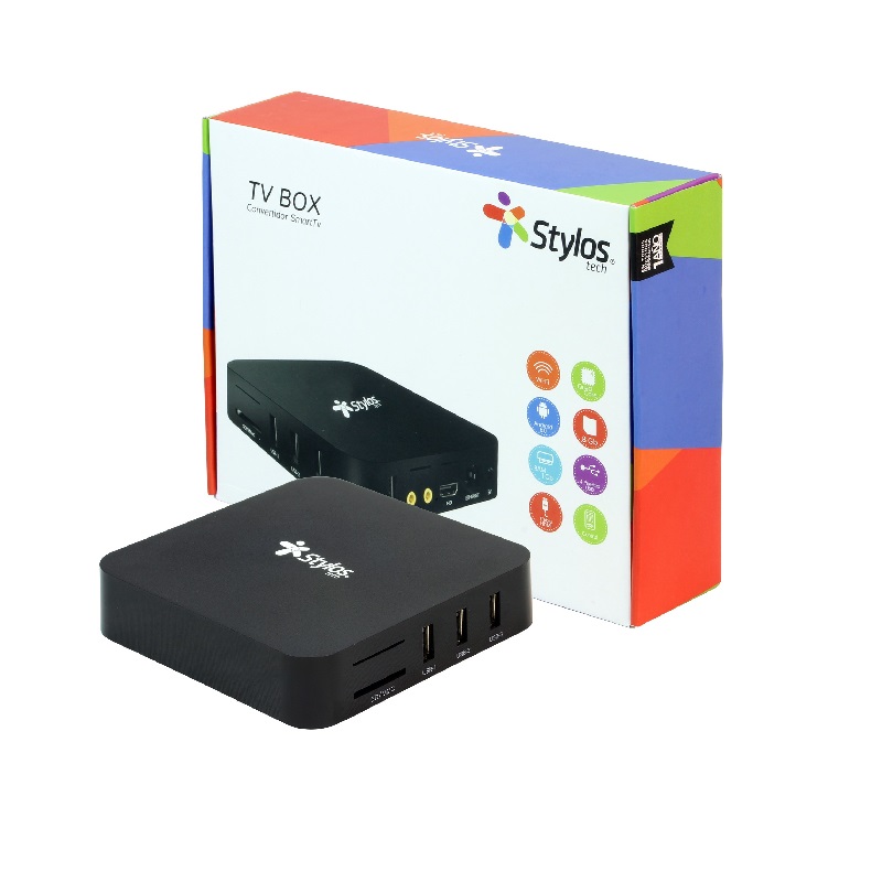STYLOS MM STVTBX2B TV BOX QUAD CORE 1.5Ghz RAM 2GB + 16GB HDMI RJ45 WIFI 802.11b/g/n 4xUSB LECTOR DE TARJETAS 1 ENTRADA SPDIF formatos MPEG-1 MPEG-2 MPEG-4 H.263, H.264 H.265 AVSVC-1 VP9